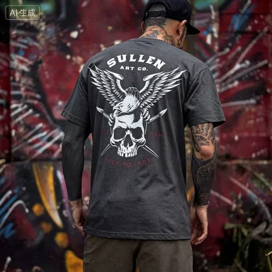 Men Back Print Eagle Skull Graphic T Shirt Cotton Short Sleeve Crew Neck Tee Tattoo Style Gothic Punk Hip Hop Streetwear Tops