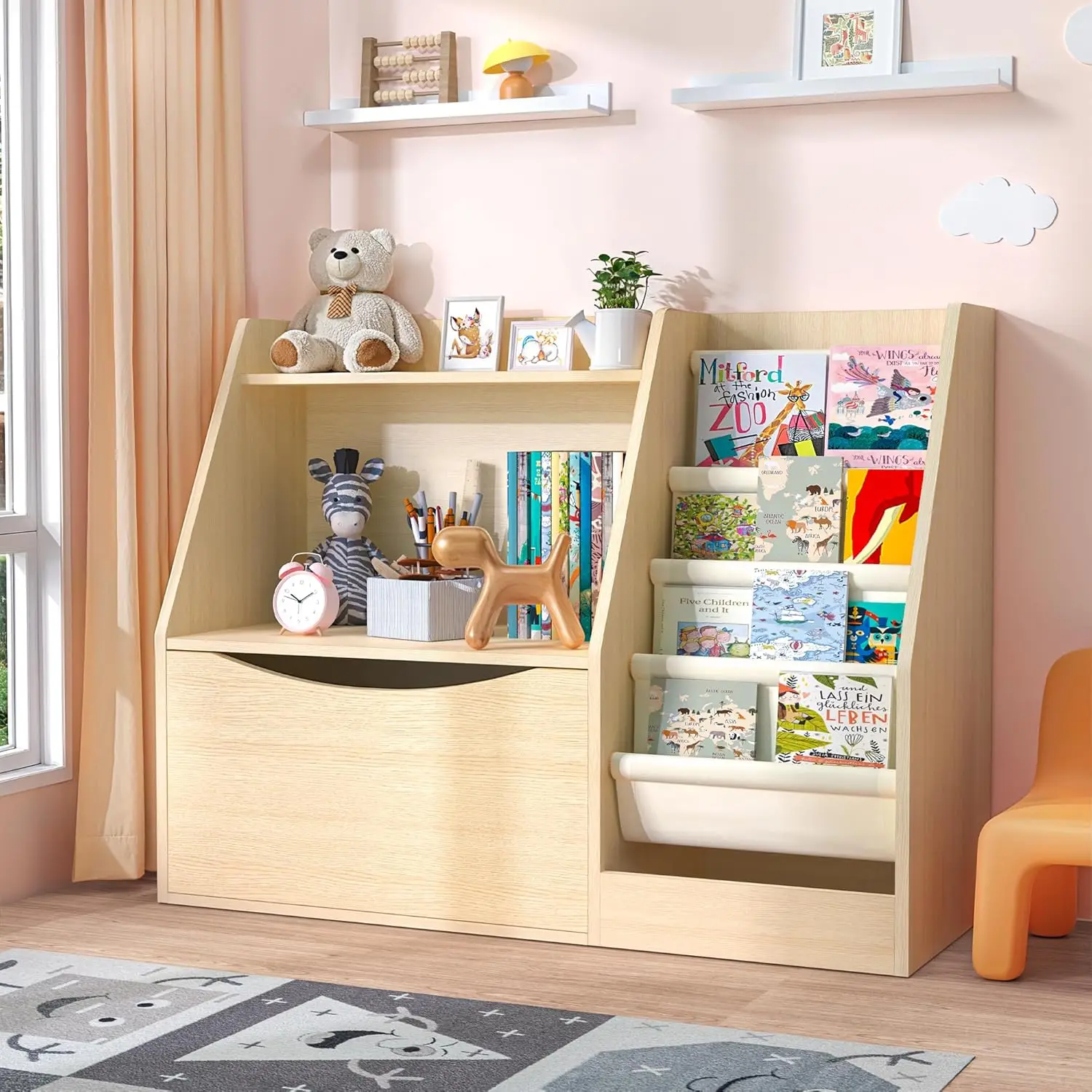 2-Tier Kids Bookshelf with 4 Sling Shelves and Storage Box, Natural Wood Organizer for Nursery Playroom Classroom