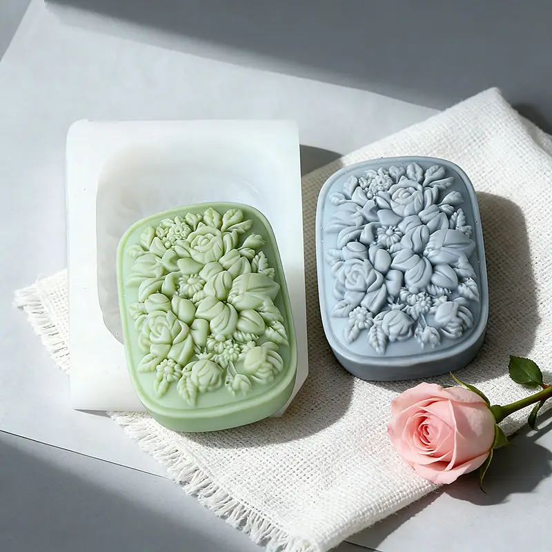 Molde de Silicona Cuadrado para Jabón con Diseño Floral de Rosas y Gardenias, Herramienta Reutilizable para Hacer Jabón Artesanal, Artículos para el Hogar, Regalo Decorativo
