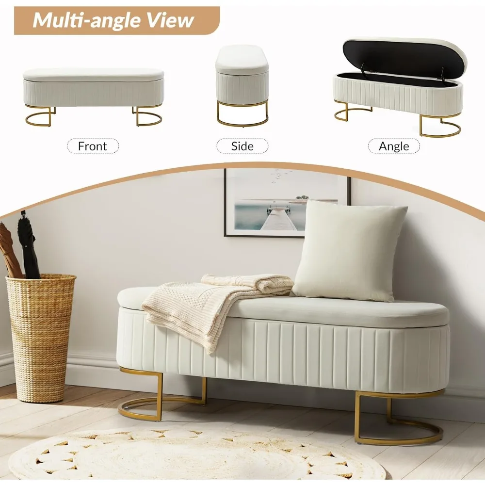 Бархатная скамья для хранения вещей с двумя дополнительными пуфиками, современная длинная скамья для хранения с откидной крышкой и золотым металлом
