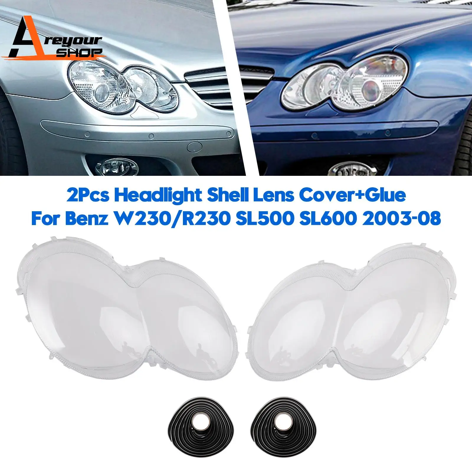 2Pcs Headlight Shell Lens Cover+Glue for Benz W230/R230 SL500 SL600 2003 2004 2005 2006 2007 2008