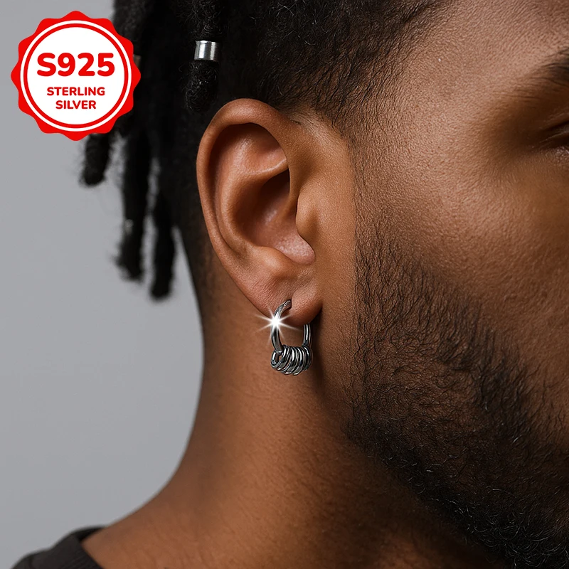 

925 sterling silver circular multi-layer ring men's earrings are suitable for fashionable men's jewelry gifts