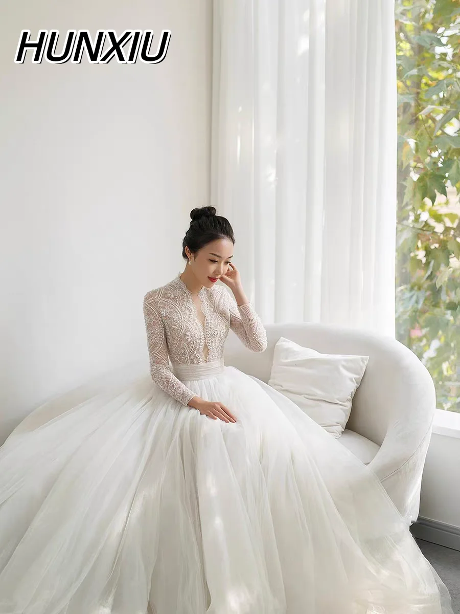 Custom Made High Neck Full Sleeve Lace Beading Sequins A-line Bridal Wedding Dresses Vestido De Casamento