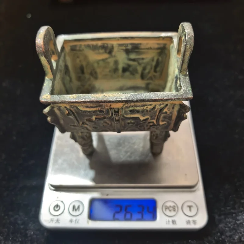 Retro Patina Chinese Bronze Square Ding Figurine Taotie Beast Carving Ritual Vessel Feng Shui Wealth Tabletop Collectible Gift