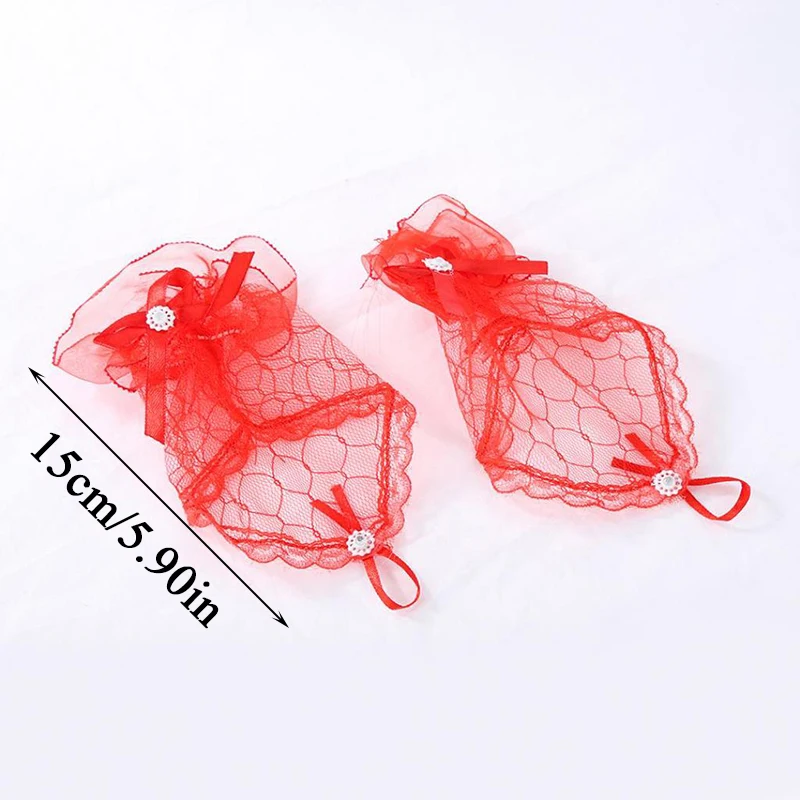 ผู้หญิง Lace Fingerless ถุงมือสีทึบสีขาวสีดําสีแดงเจ้าสาวถุงมือ Lady ดูผ่านถุงมือสั้นหญิง Elegant ถุงมือ