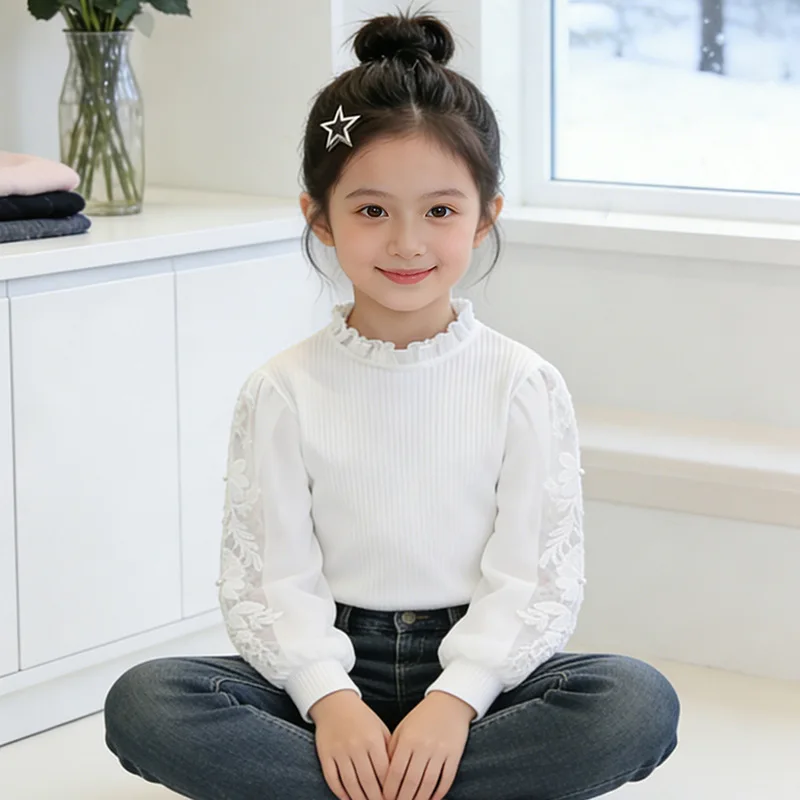 Girls Pure Cotton Spring and Autumn 2026 New Style Childrens Long Sleeved Inner T Shirt Little Girls Top White