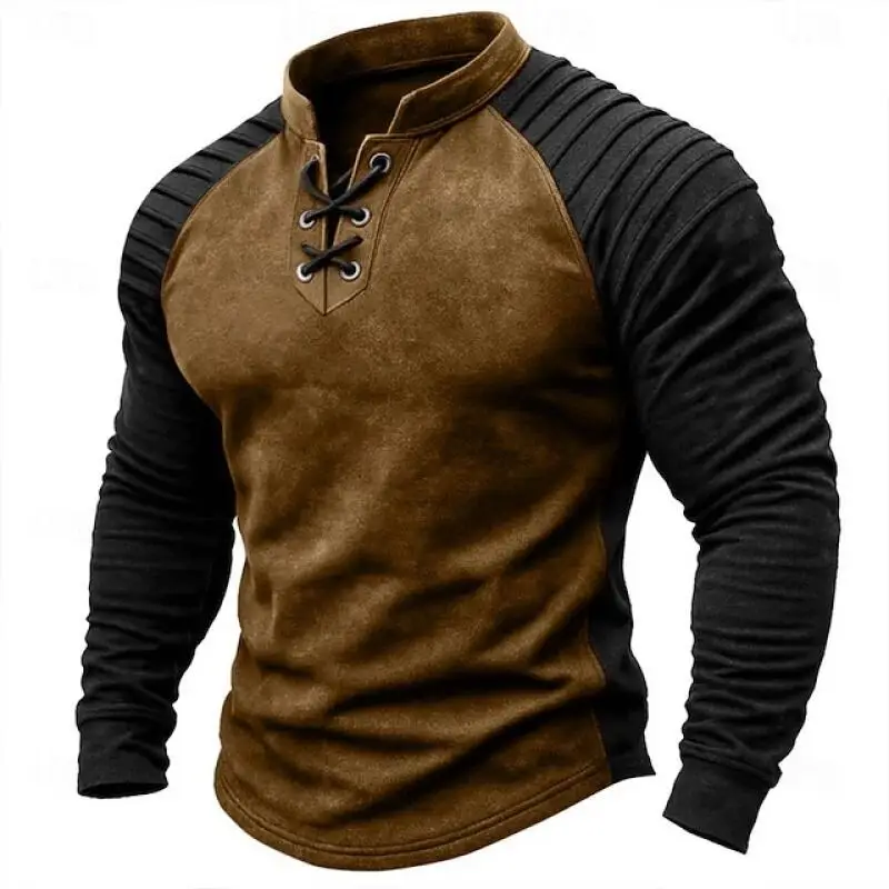 2026 Spring Autumn Mens Cowboy T-Shirt Fashion Vintage Suede Patchwork Stand Collar Pull On Drawstring Tshirt Man Outdoor Casual