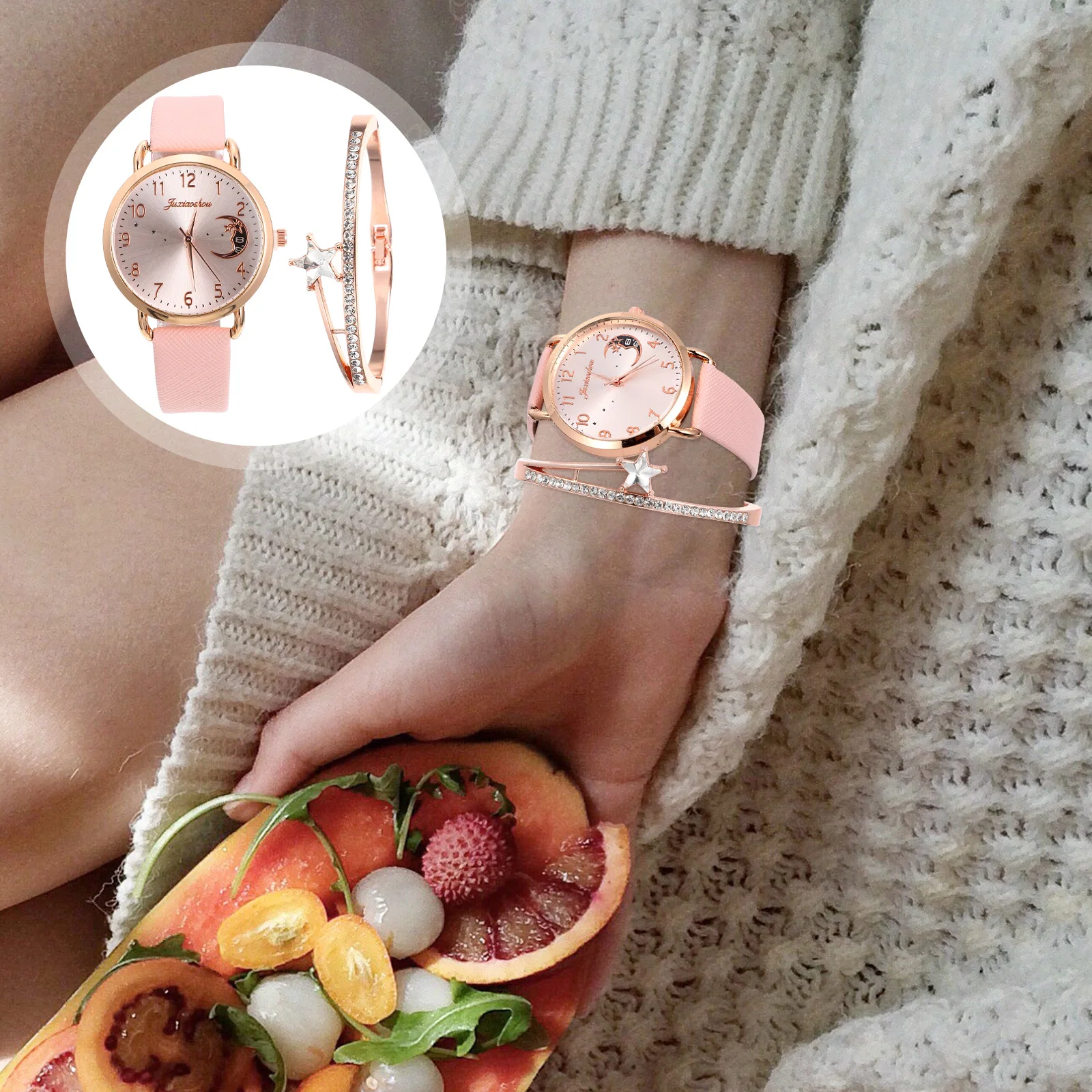 Moon Pattern Watch Bracelet Set Fashion Watches for Women Necklace Accessory Ladies Waterproof