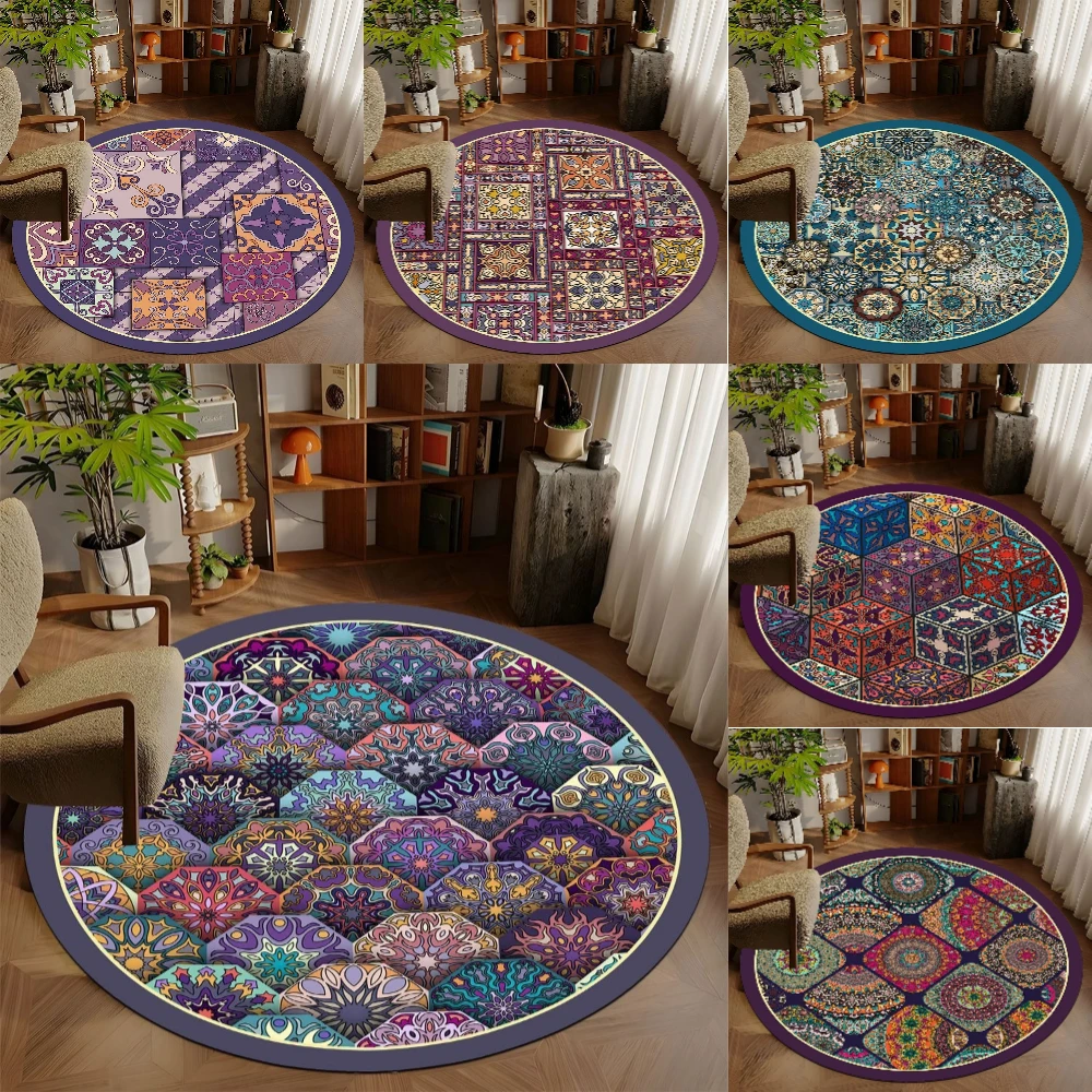 Moderner runder Teppich im Mandala-Stil, Lounge-Zimmer, Yoga-Matte, Wohnzimmer, Sofa, Teppich, Heimdekoration, Schlafzimmer, Nachttisch, weicher Teppich, Lesestuhl-Matte