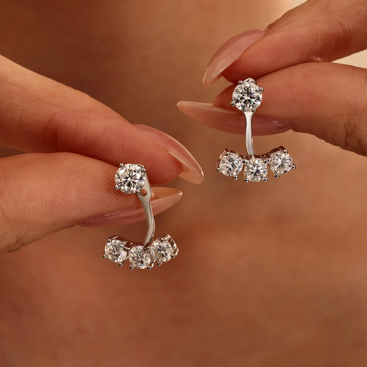 925 Sterling Silver 2.8CT Moissanite Ear Jacket Earrings for Women Front‑Back Two‑Way Wear Round Moissanite Stud Earring Jewelry