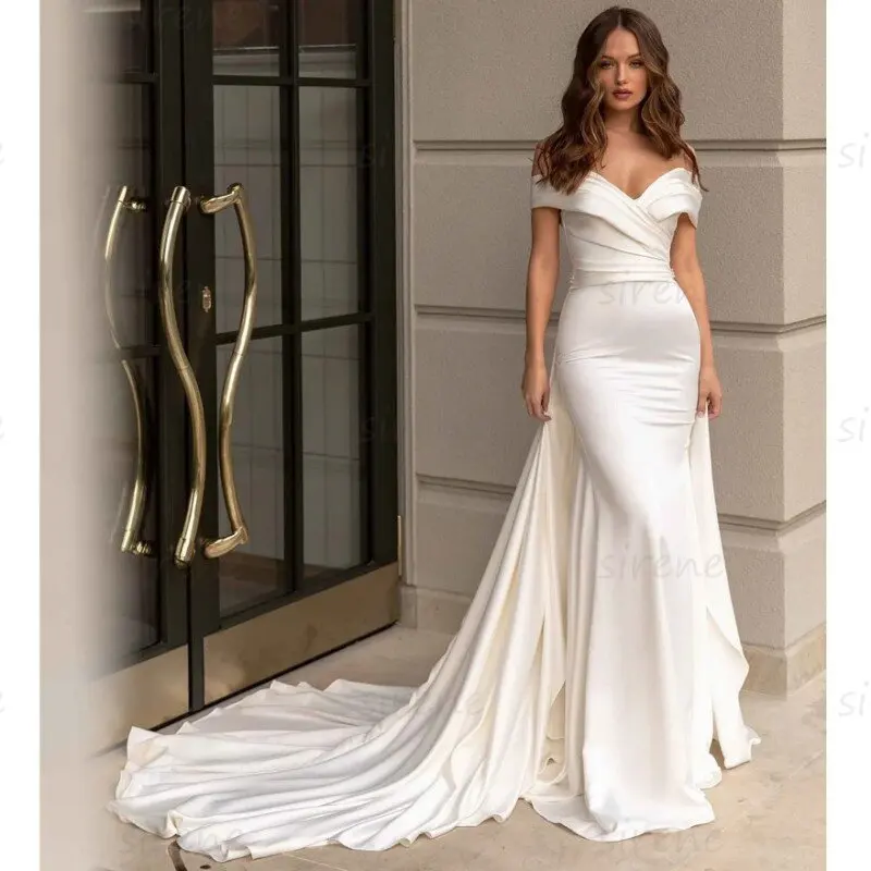 Vestido De Novia De sirena Simple para mujer, vestido De Novia blanco con escote Corazón, hombros descubiertos, satén, Espalda descubierta, tren De corte