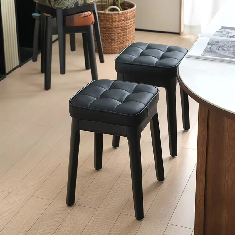 Vintage Stackable Solid Wood Stool Upholstered Low Bench Square Seat Ottoman for Bedroom Small