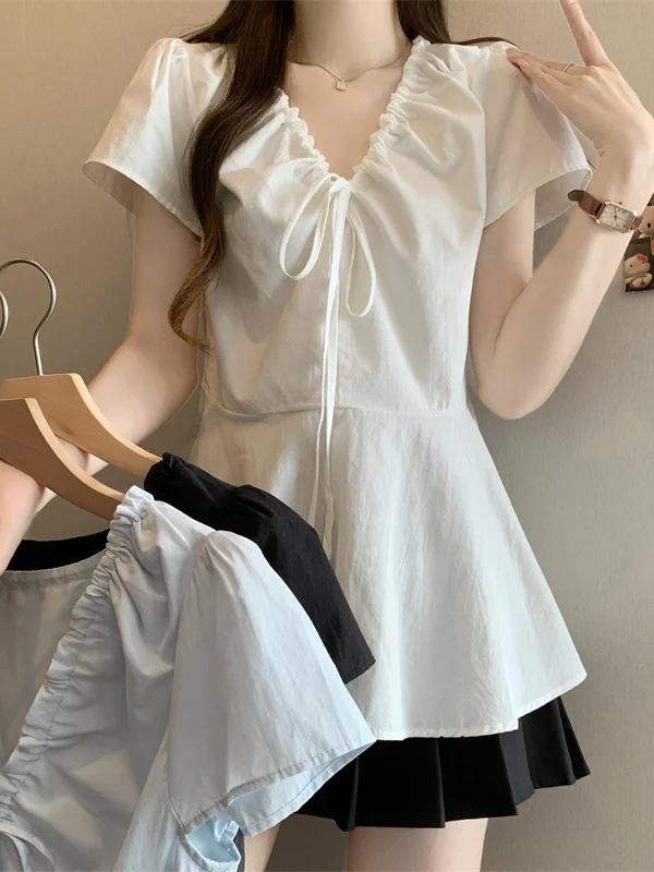 

Casual V-Neck Pleated Design plus Size Summer Slimming Short Sleeve Shirt Women's Top Versatile Loose Fit Breathable Skin-Fri...