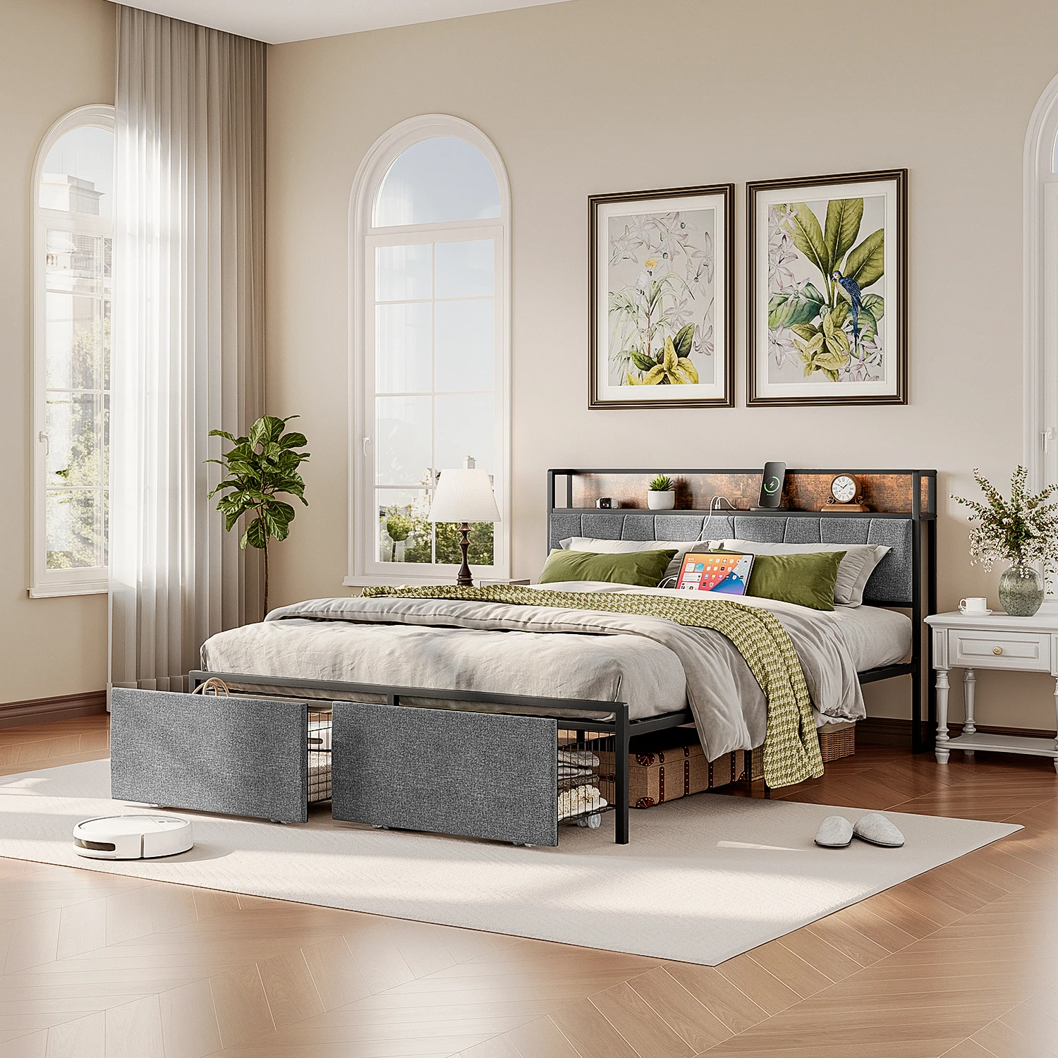 Upholstered Queen Size Bed Frame With 2 Storage Drawers, Storage Headboard With Charging Station