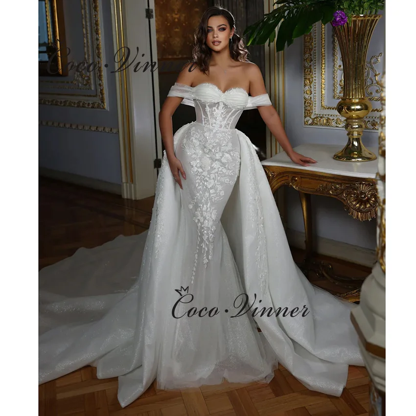 

Свадебное платье в Дубае с открытыми плечами по индивидуальному заказу, дизайн 2 в 1, красивое свадебное платье русалки из тюля с кружевной аппликацией и блестками W1438