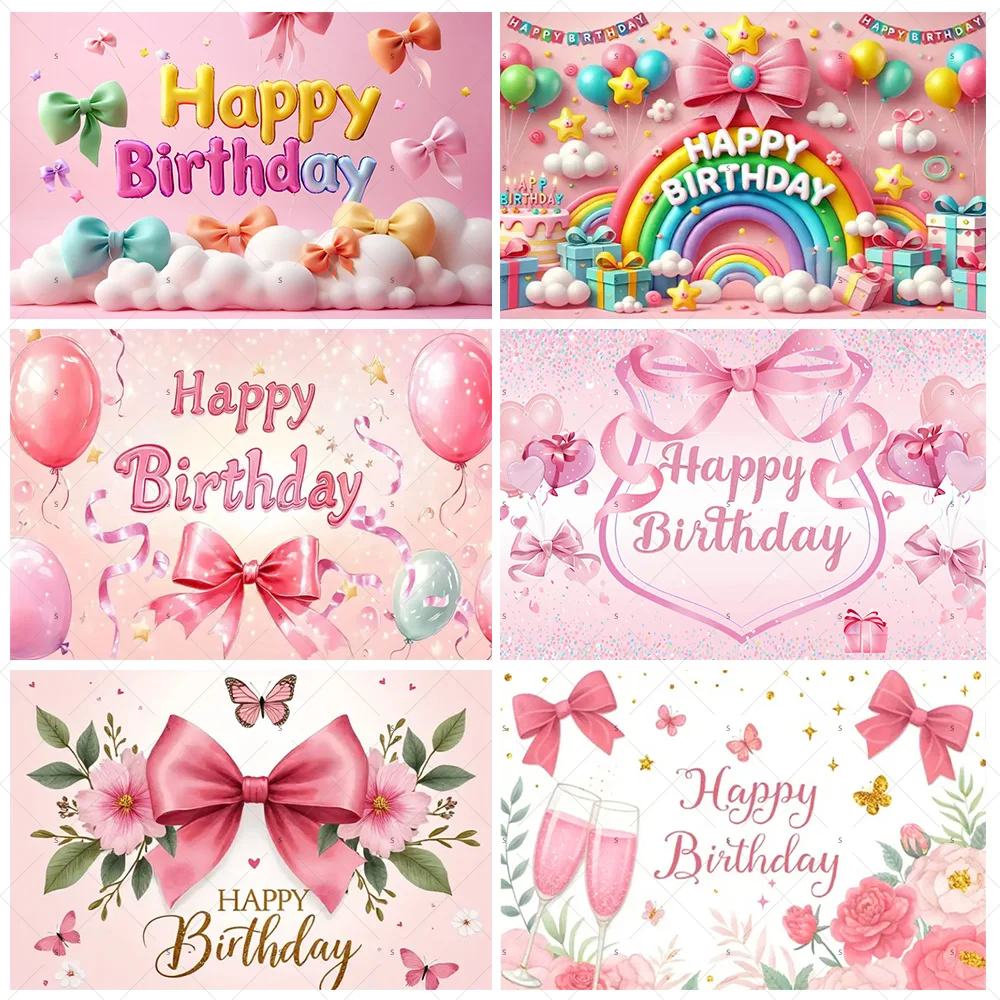 

Pink Bow Tie Background Banner Girls Birthday Party Decorations Balloon Flower Photography Backdrop Supplies Photo Shoot Props