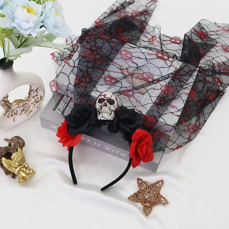 Halloween Costume Headband Lace Veil Hair Hoop Gothic Rose Skull Headpiece Women Masquerade Party Decoration