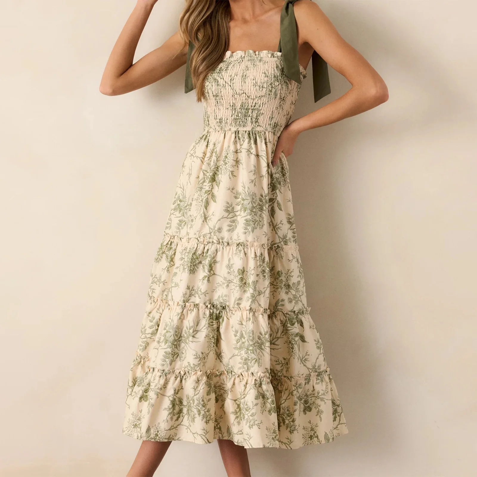 Abiti estivi da donna con stampa floreale Elegante abito a trapezio con volant e smock senza maniche con allacciatura sulla spalla