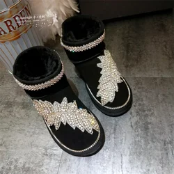 Custom rhine-diamond chain low snow boots leaf fur one women's large size comfortable casual cotton shoes 35-44