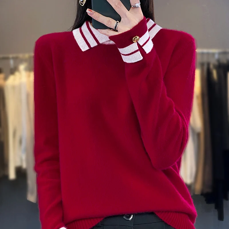 Cashmere Sweater Women\'s 100% Wool Sweater Autumn and Winter New Loose Polo Pullover High end Knitted Soft Color Matching Top