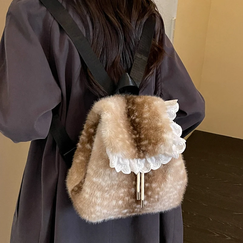 Fashion Plush Backpack Lace Ruffle Flap Design Large Capacity Casual Travel School Bag Vintage Cute Soft Daypack Women Handbag
