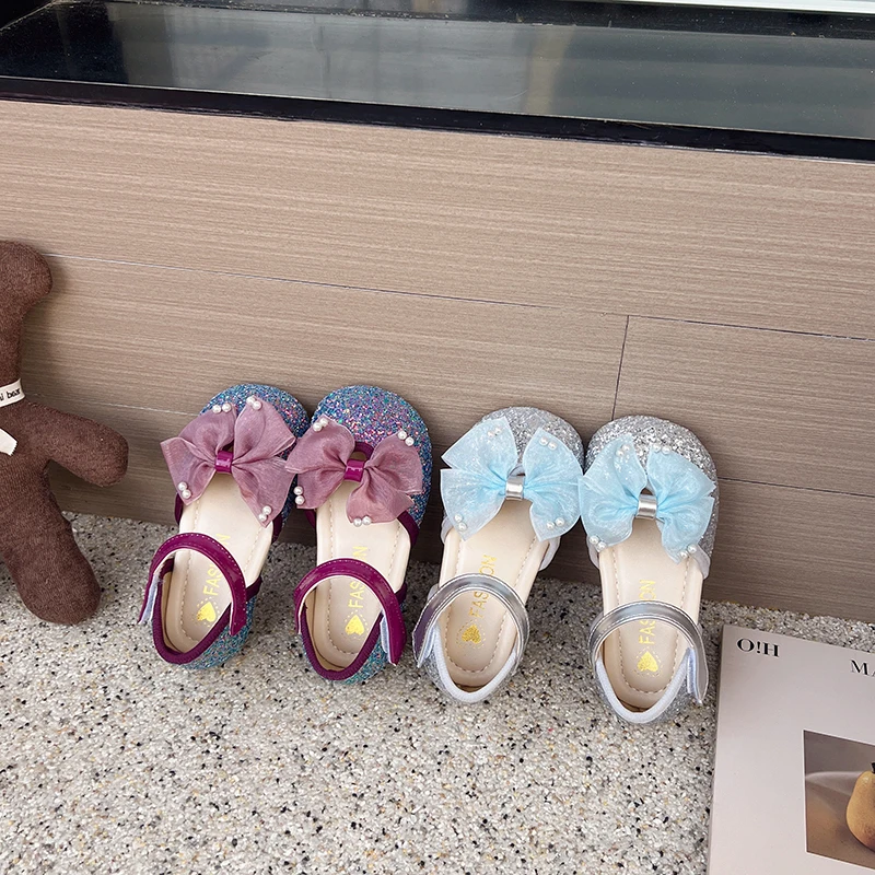 

Summer Girls Sequin Lace Bow Princess Sandals Baby Pearl Dance Show Shoes Kids Soft Sole Sandals Children Wedding Shoes