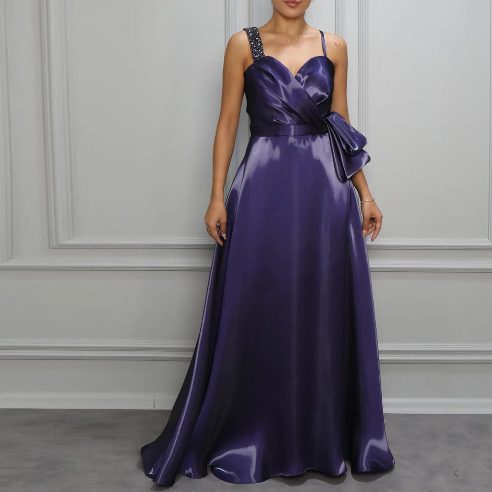 

Elegant Luxury Evening Dress 2024 Spaghetti Straps A-Line Satin Empire Ribbon Sweep Train Floor Length Sleeveless Crystal