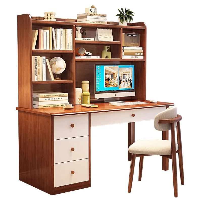 

Solid wood desk bookshelf integrated table student home writing desk bookcase combination computer desk bedroom children's
