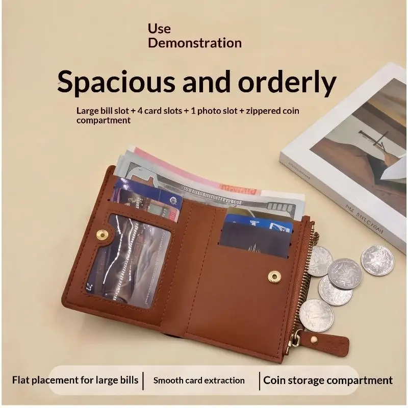 Minimalist Solid Color Women's Short PU Leather Wallet Slim Small Portable Purse for Business Trip Office Daily Carry