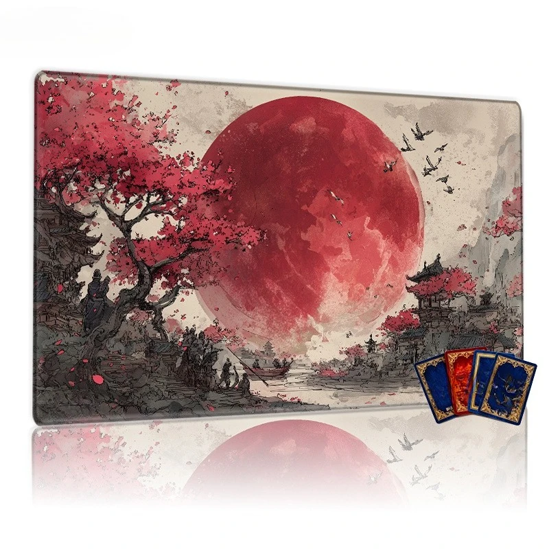 A 14X24-inch game mat, featuring bright red moons, cherry blossoms and traditional East Asian architectural styles, designed