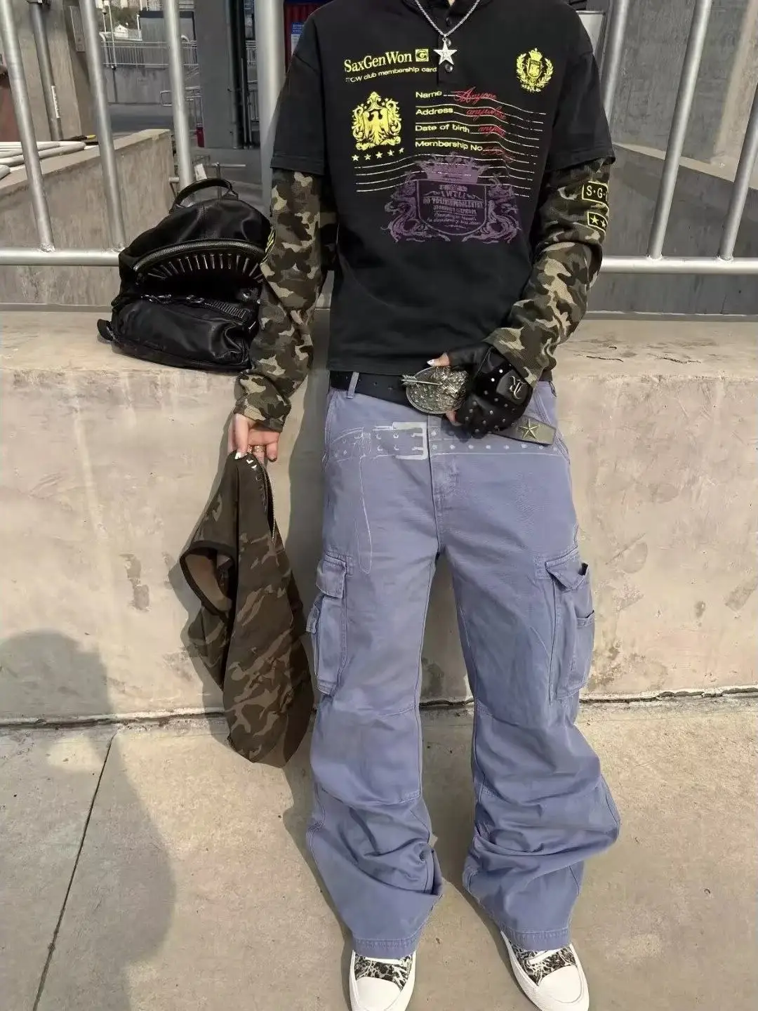 

Vintage American High Street Printed Multi-Pocket Work Trousers Loose Straight Leg Blue Jeans Men's Summer Casual Denim