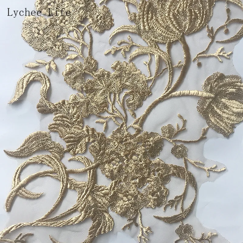 Lychee Life Golden Embroidery Lace Patches Applique Fabric Dress Clothes Patch Stickers T-shirt Diy Decoration