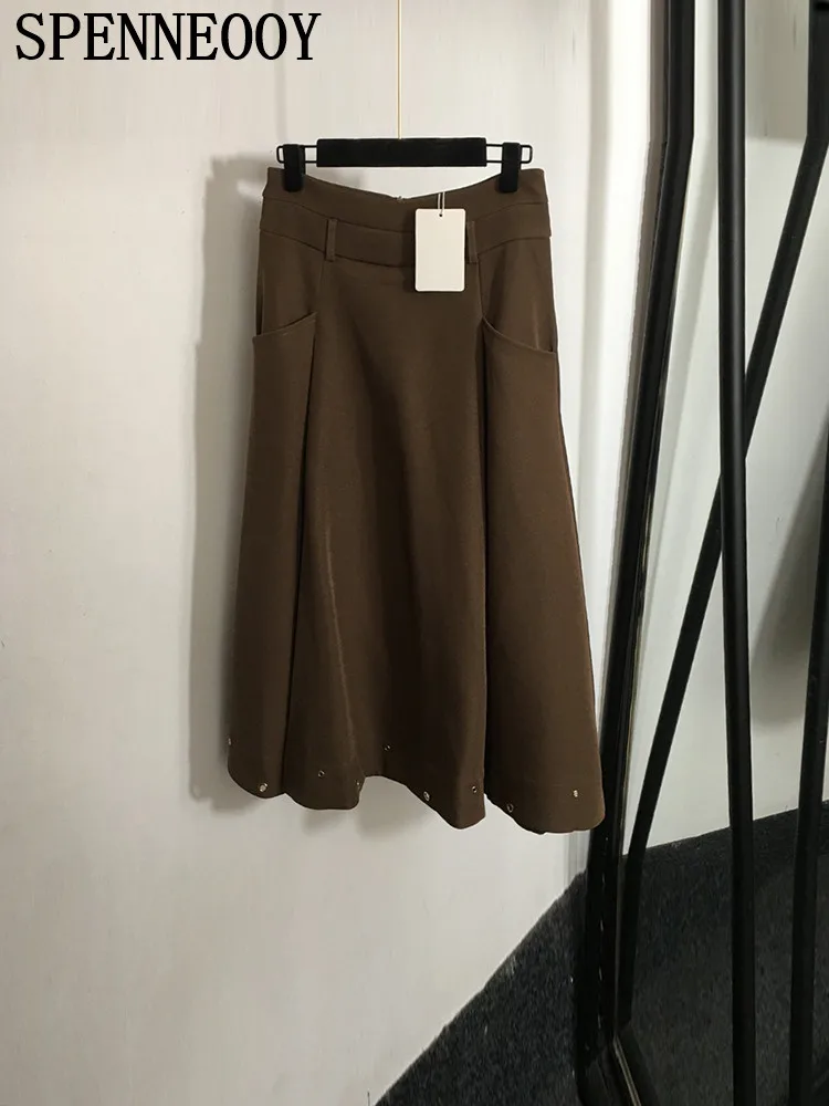 

SPENNEOOY Fashion Runway Autumn Russet Brown Color Vintage Midi Skirt Women's Solid Color Pockets A-Line Long Skirt