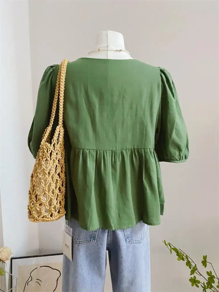 Sweet Blouses Women Summer Folds Designed Vintage  Office Lady Leisure Baggy All-match Literary Chic Popular French Style