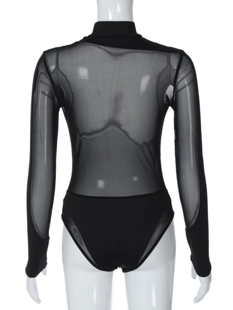 Black Sheer Mesh Turtleneck Bodysuit -Long Sleeve Cutout See Through Slim Fit Nightwear Clubwear Sexy Bodycon One Piece Lingerie
