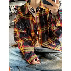 2026 Hip Hop Streetwear Patchwork Casual Plaid Shirt Mens Long Sleeve Loose Blous