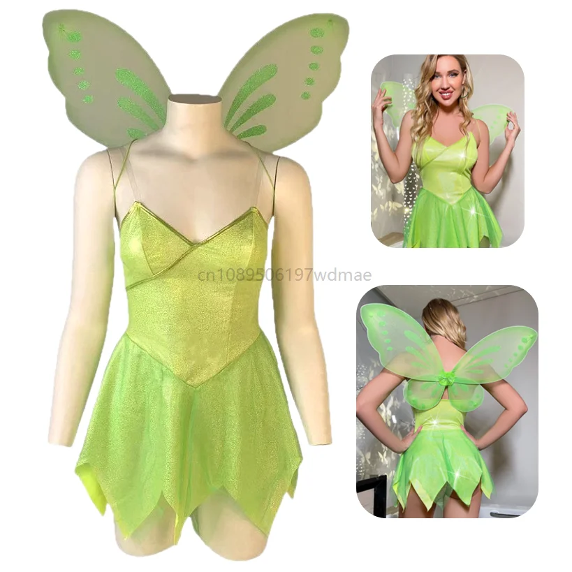 

Beauty Women's Fairy Costume with Wings Forest Green Mini Dress Slim Sleeveless Slip Dress for Fairies Party