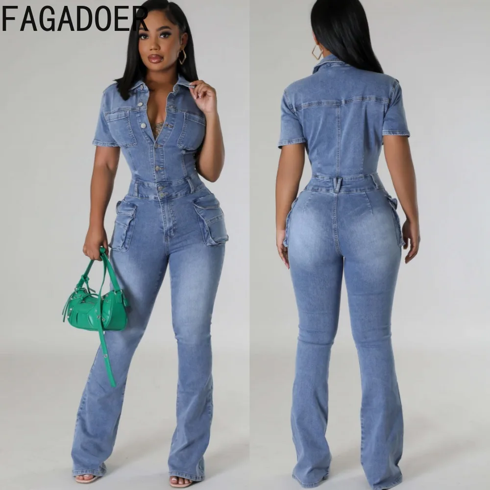 

FAGADOER Blue Fashion Pocket Denim Jumpsuits Women Turndown Collar Button Short Sleeve Slim Playsuits Casual Cowboy Overall 2024