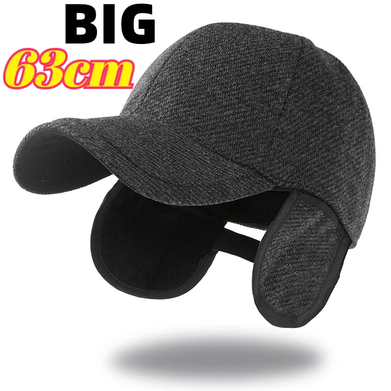 Winter Big Size 63cm Ear Protection Baseball Caps Adjustable Snapback Middle Aged and Elderly Thickened Adding Velvet Dad Caps