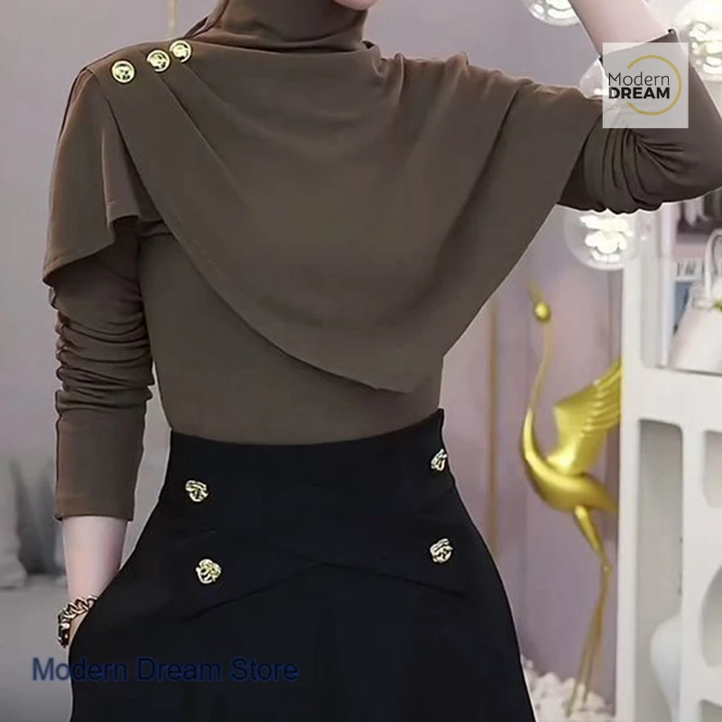 

French style high-necked long-sleeved T-shirt female fake two-piece cloak-style spring and autumn new slim top bottoming shirt