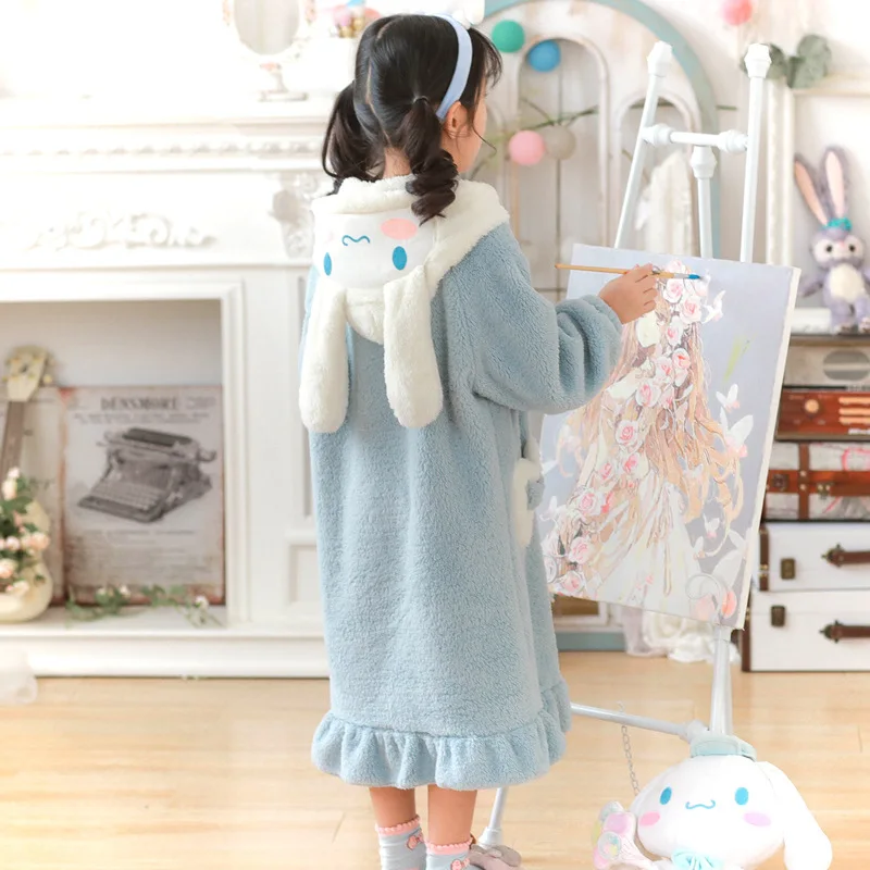 

Kids Hooded Robe for Girl Winter Sanrio Cinnamoroll Child Thick Keep Warm Long Nightgown Front Button Coral Fleece Soft Bathrobe