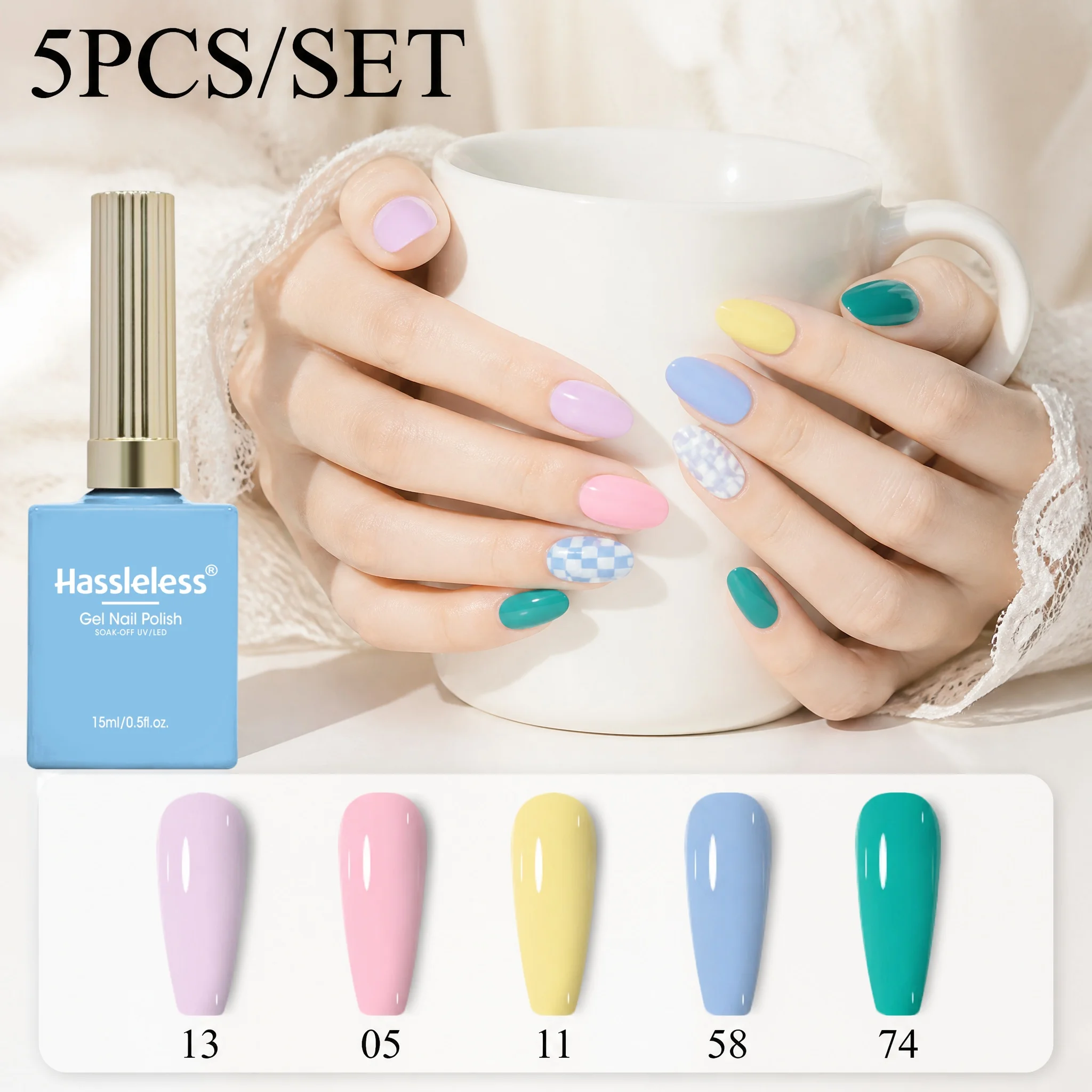 Hassleless 5pcs Macaron Nail Gel Set, 0.5 ounces large capacity, non-fading, non-yellowing, low odor, safe formula, easy to do your nails at home, suitable for various occasions