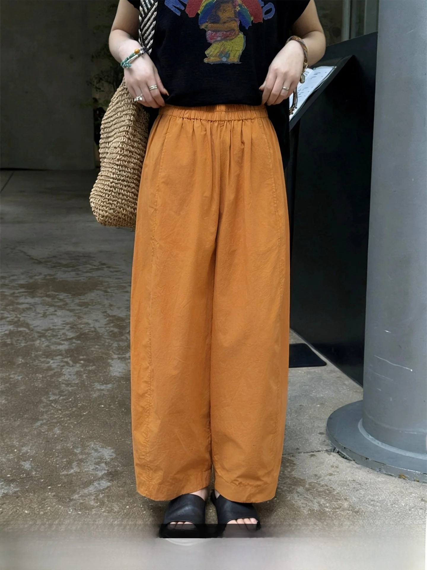 

Bebe's California Sun Orange Cotton Elastic Waist Straight Leg Pants Women's New 2026 Spring Summer Long Casual Trousers