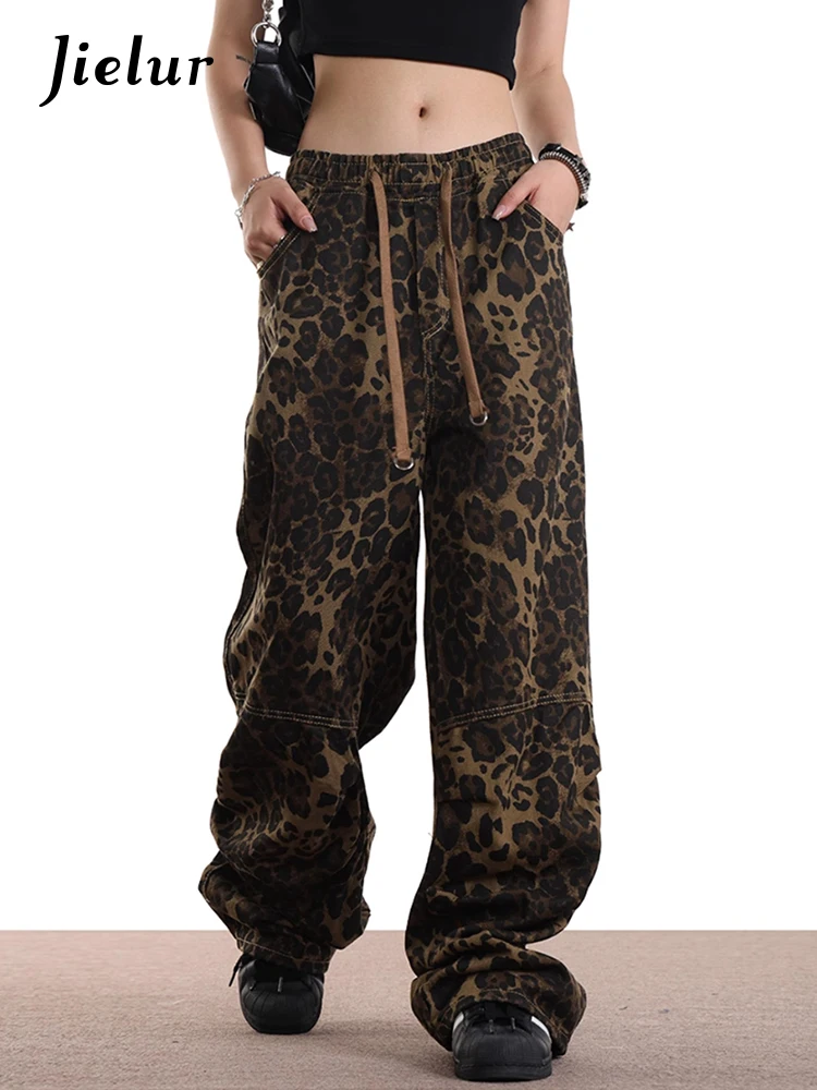 Pantaloni da donna leopardati autunno classico con coulisse pantaloni femminili casual semplici larghi a vita alta moda vintage a tutta lunghezza americana