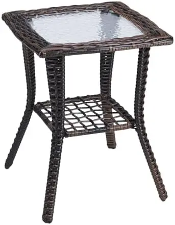 Outdoor Side Table with Storage Wicker Patio Side Table, Tempered Glass Top End Table for Balcony Porch Deck (Brown)