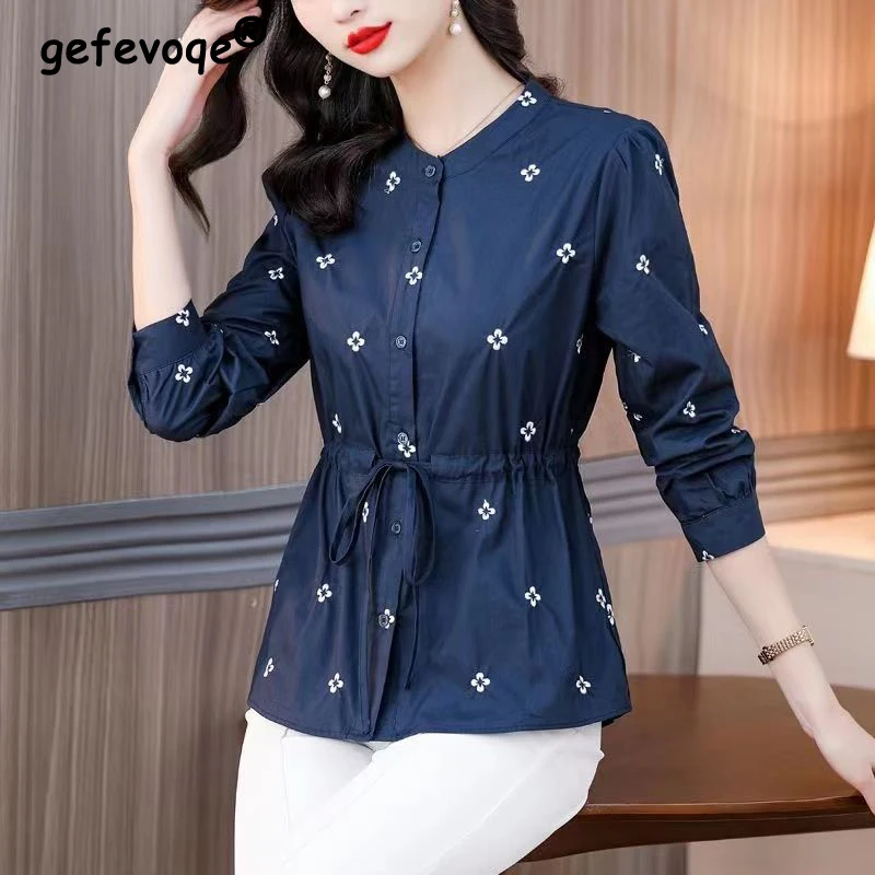 

summer oversized floral printing drawstring lace up shirt ladies long sleeve elegant fashion blouse women vintage cardigan top