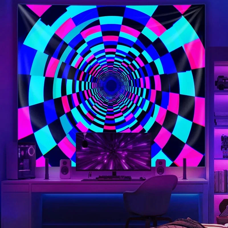 VIKAMA Trippy Tunnel Wall Hanging, Neon Checkered Vortex Optical Art Tapestry, Lightweight UV Blacklight Indoor Wall Decor
