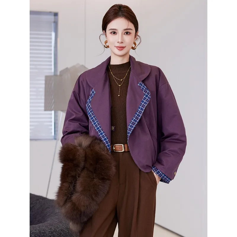 Piumino corto da donna 2025 abbigliamento invernale nuovo collo in pelliccia di volpe rimovibile piumino in pelliccia d'oca Haining