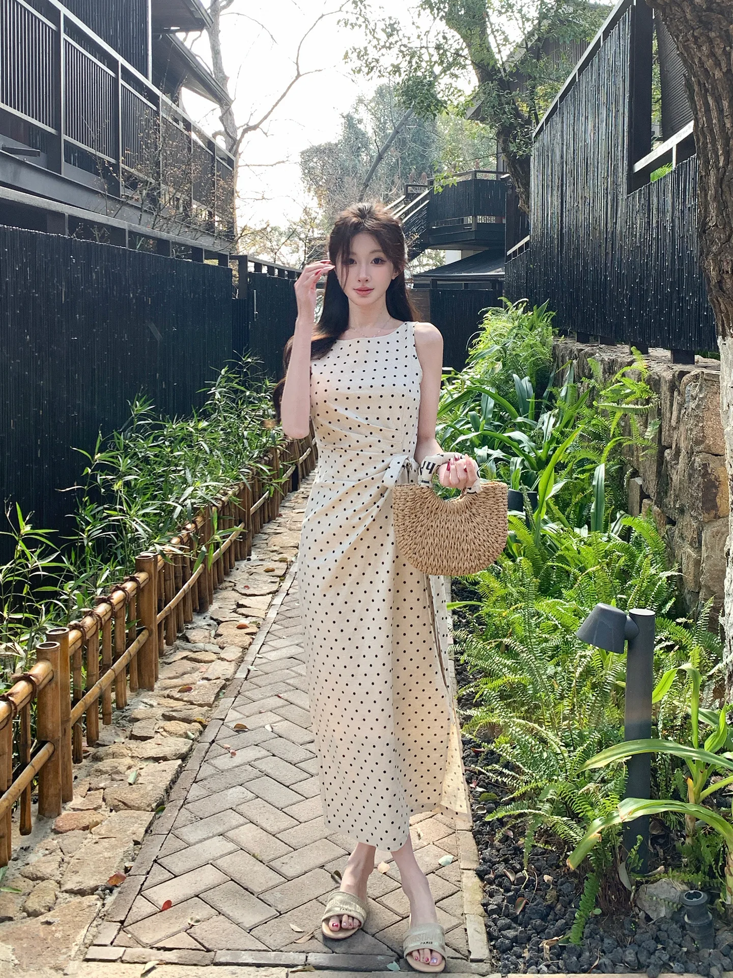 

Ретро-платье в горошек из льна с завышенной талией, без рукавов, длинное, женское, праздничный стиль, повседневное, с круглым вырезом, для женщин