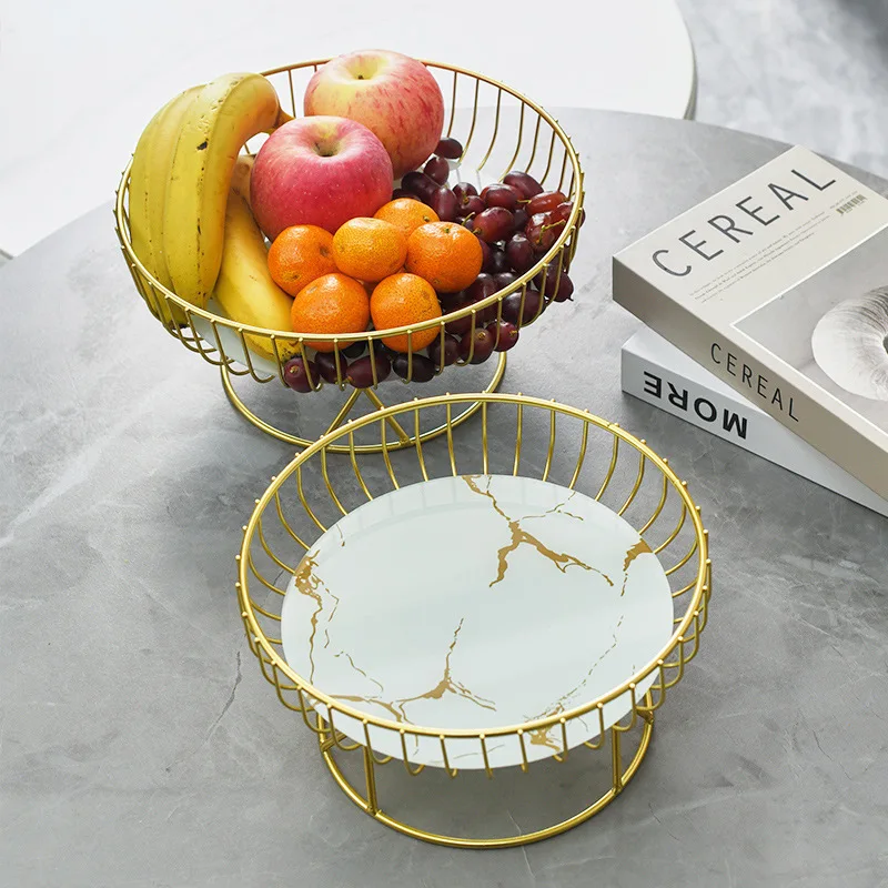 Luxury Metal Fruit Basket Round Tabletop Storage Tray, Home Decor Dessert Candy Display Stand